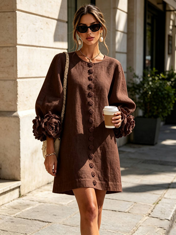 Clementine | Rosette-Cuff Button Shift Dress