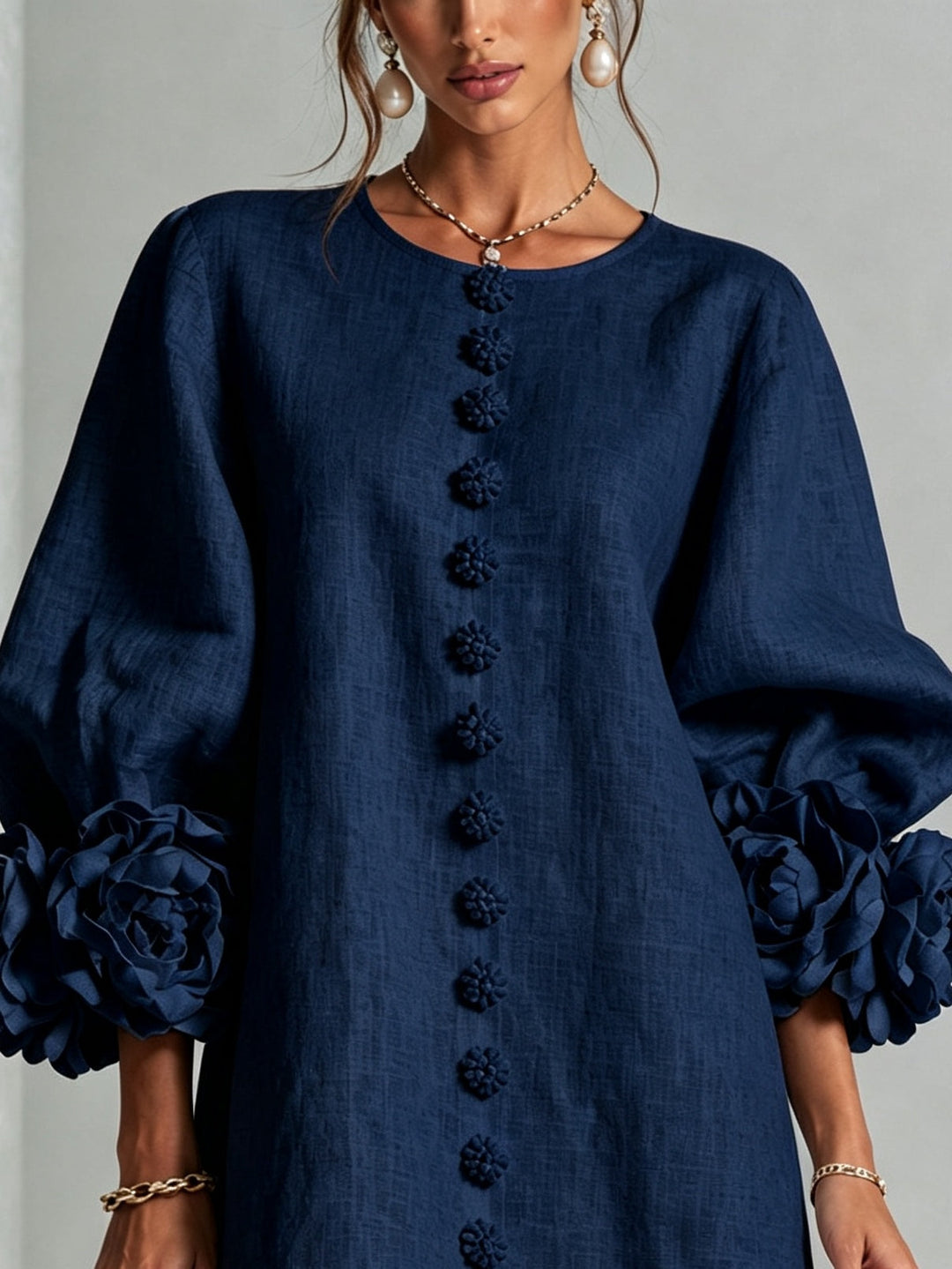 Clementine | Rosette-Cuff Button Shift Dress