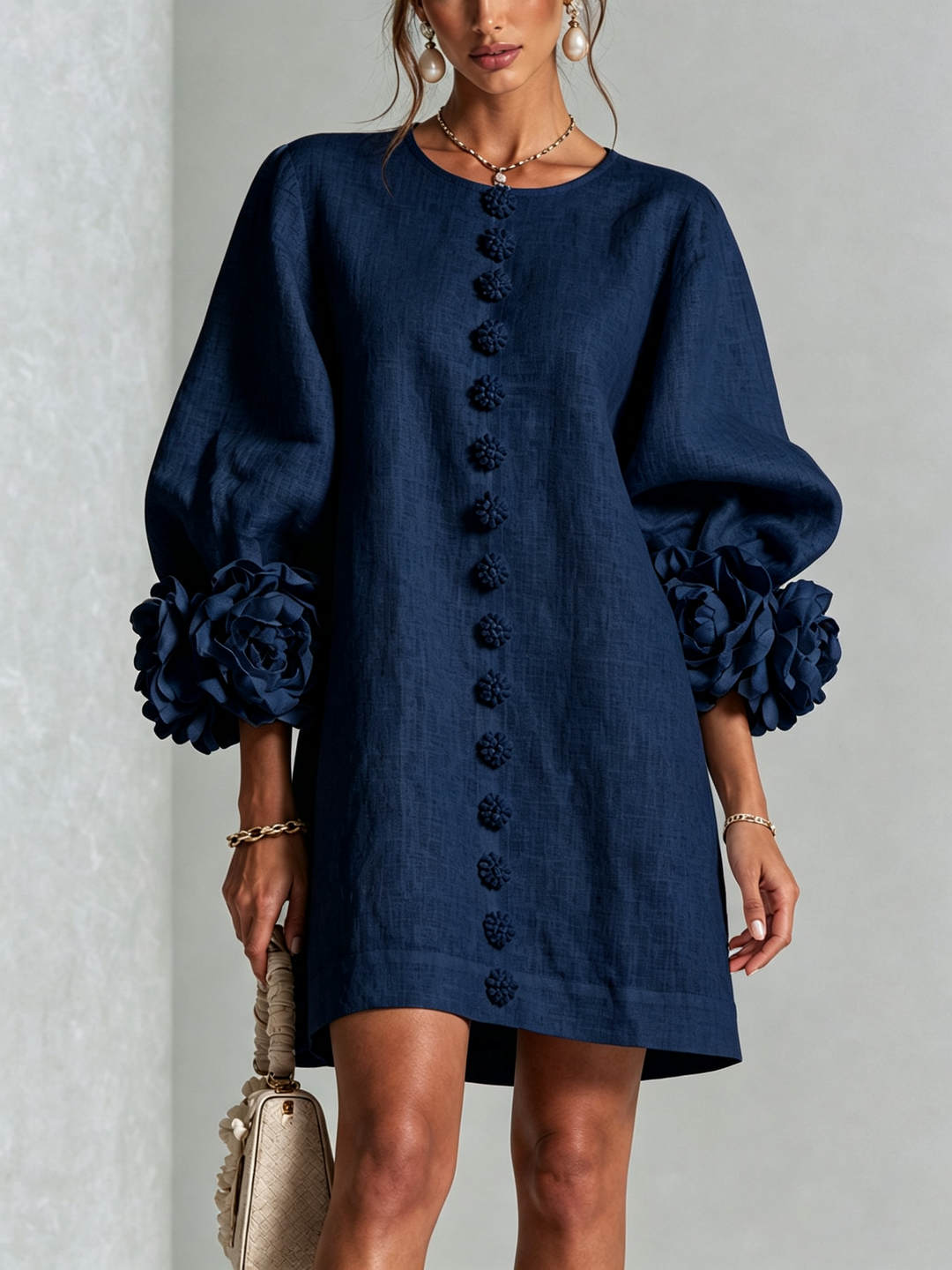 Clementine | Rosette-Cuff Button Shift Dress