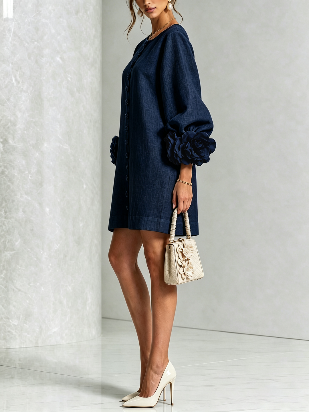 Clementine | Rosette-Cuff Button Shift Dress