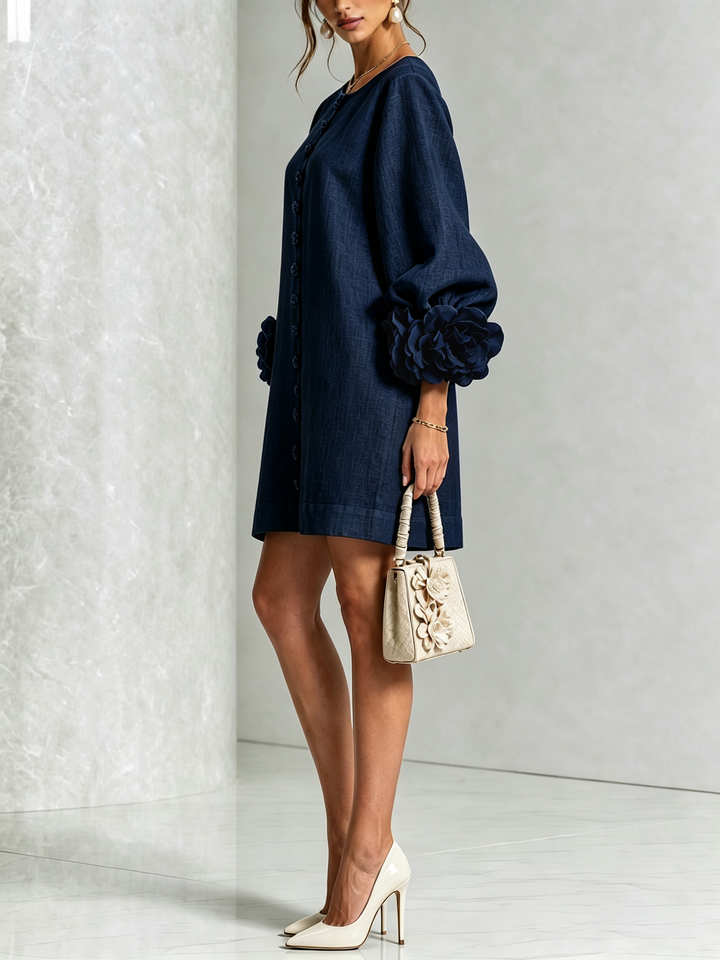 Clementine | Rosette-Cuff Button Shift Dress
