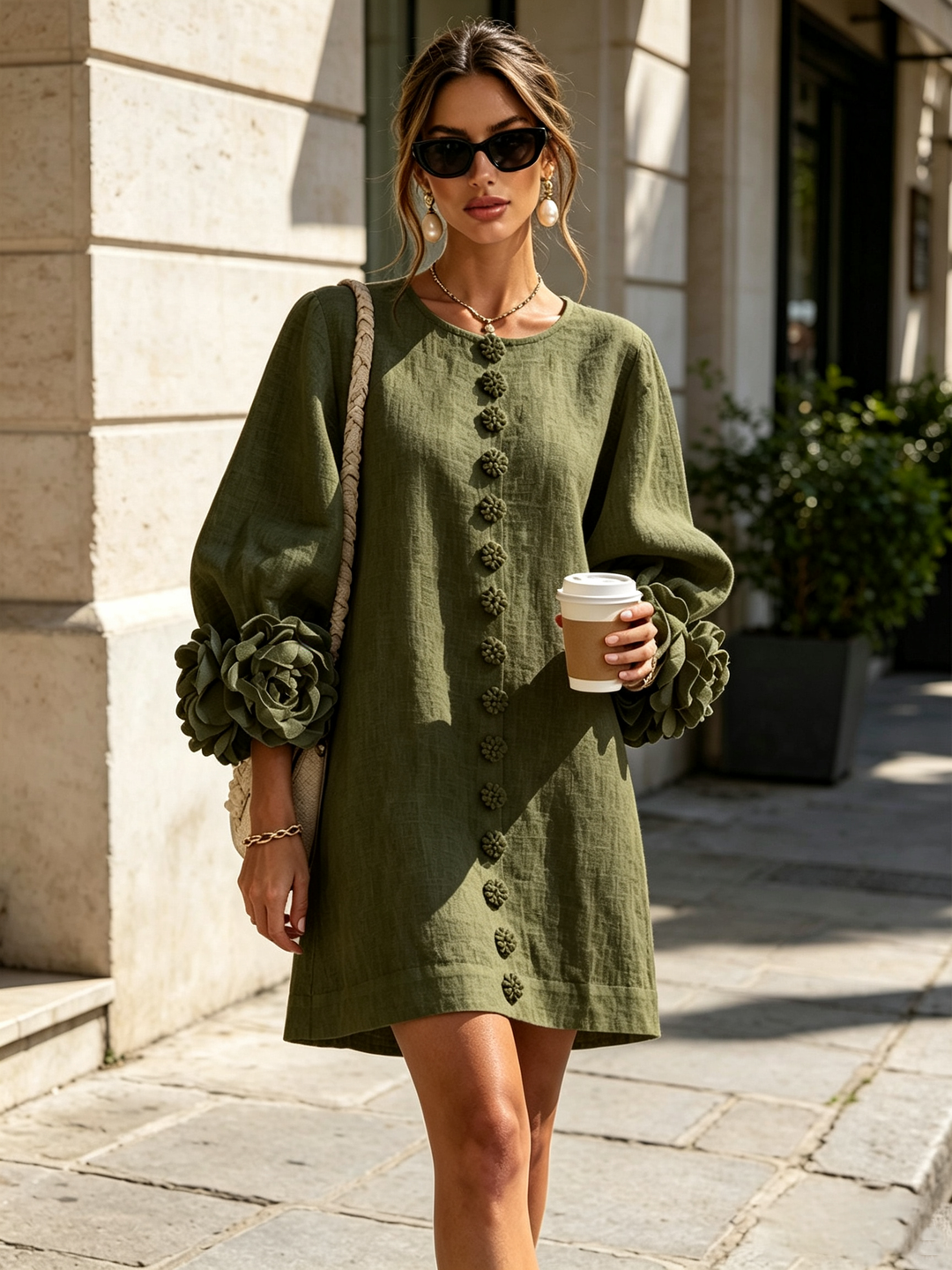 Clementine | Rosette-Cuff Button Shift Dress