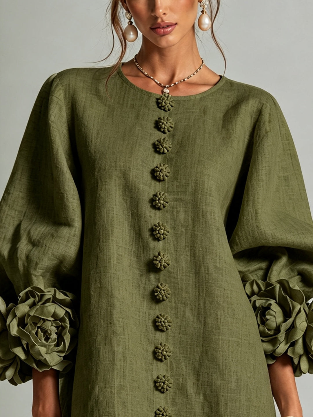 Clementine | Rosette-Cuff Button Shift Dress