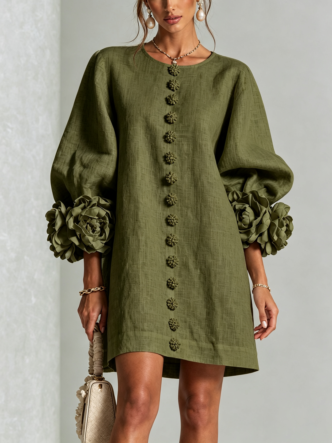 Clementine | Rosette-Cuff Button Shift Dress