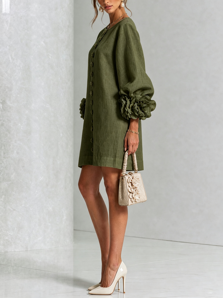 Clementine | Rosette-Cuff Button Shift Dress