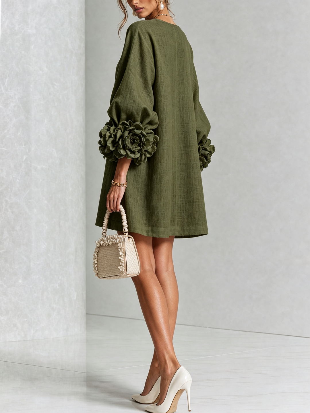 Clementine | Rosette-Cuff Button Shift Dress
