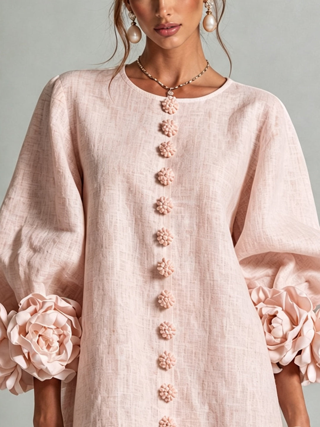 Clementine | Rosette-Cuff Button Shift Dress