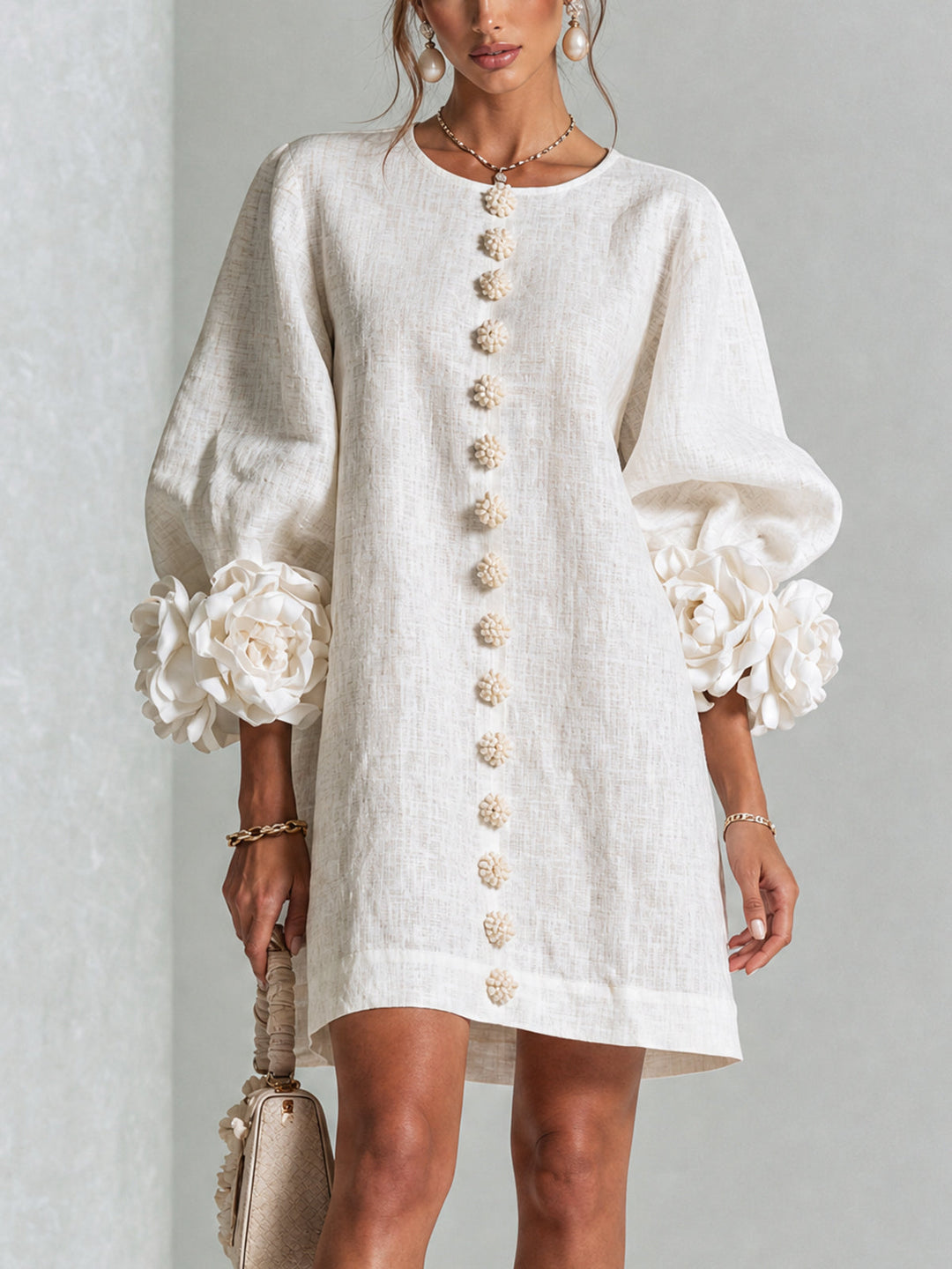 Clementine | Rosette-Cuff Button Shift Dress
