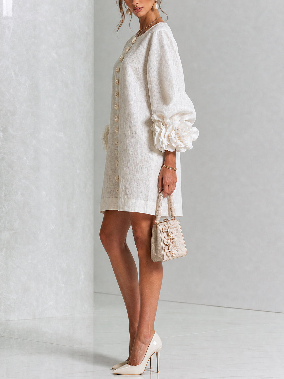 Clementine | Rosette-Cuff Button Shift Dress