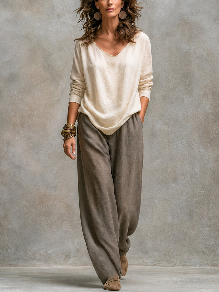 Costanza | Three-piece beige and gray casual layered set with wide-leg pants, elegant
