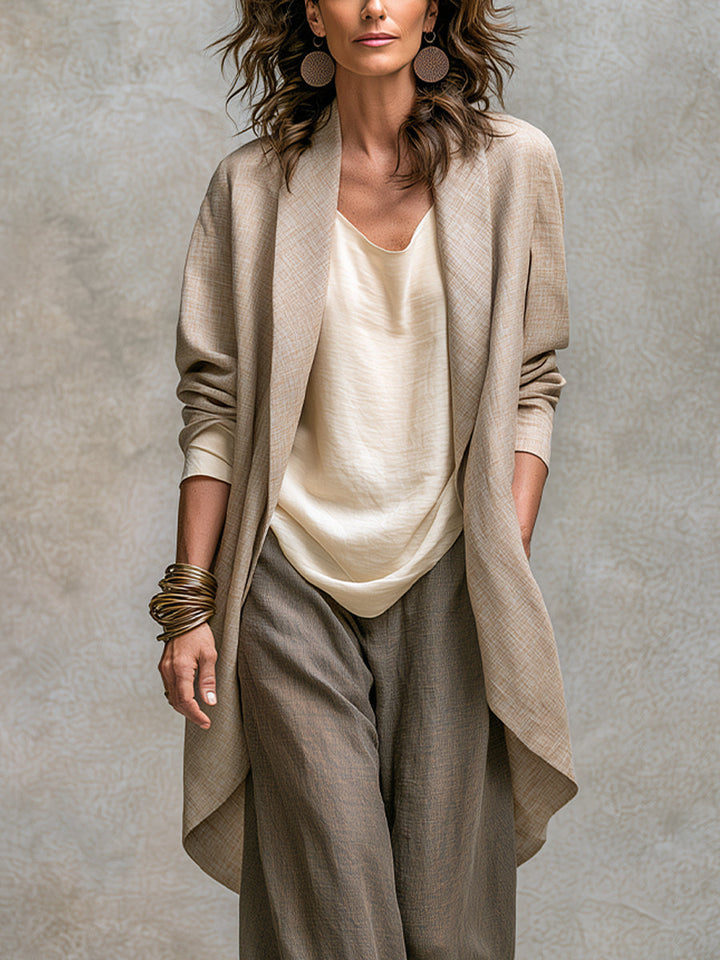 Costanza | Three-piece beige and gray casual layered set with wide-leg pants, elegant