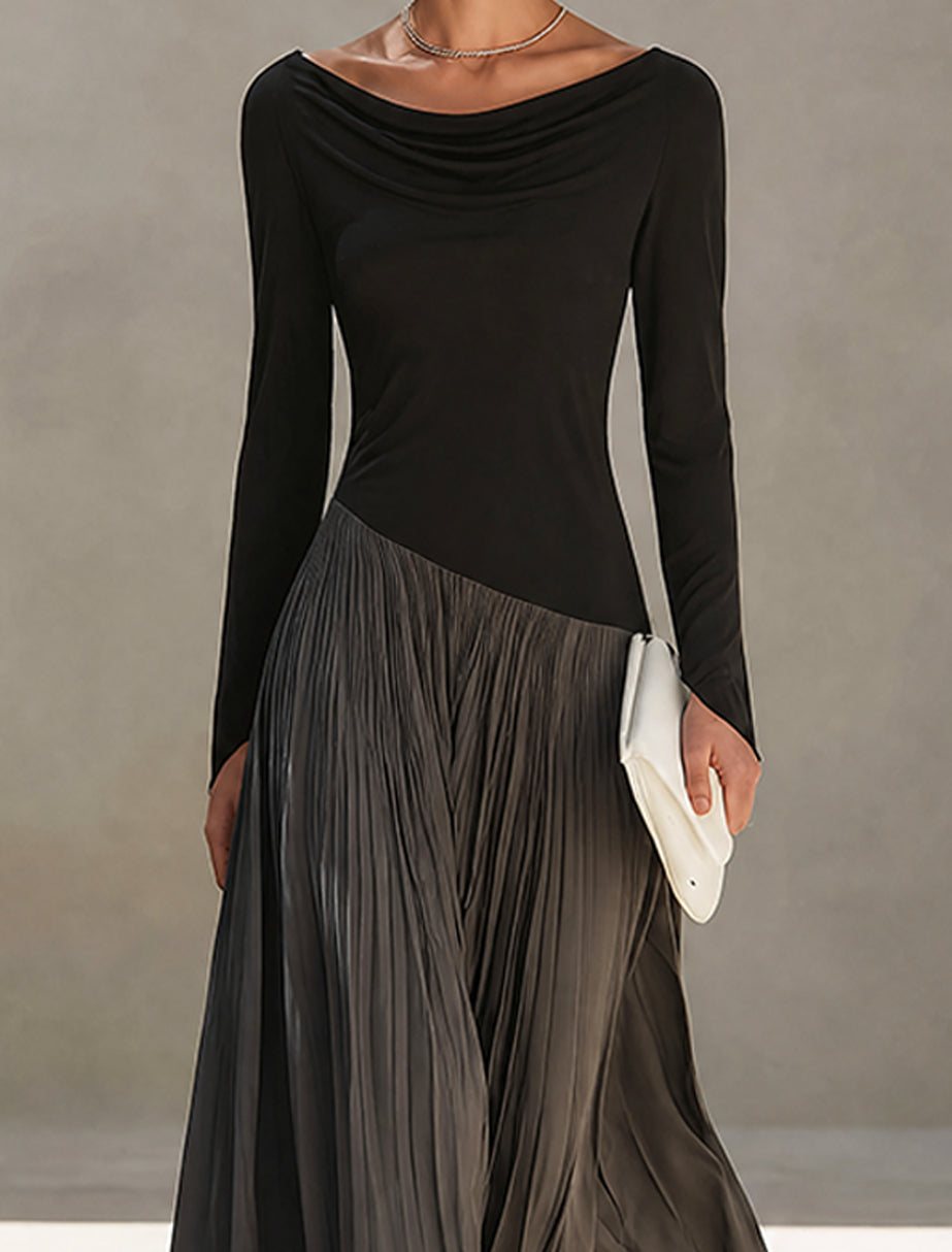 Marina | Maxi Pleated Dress with Draped Black and Gray Neckline