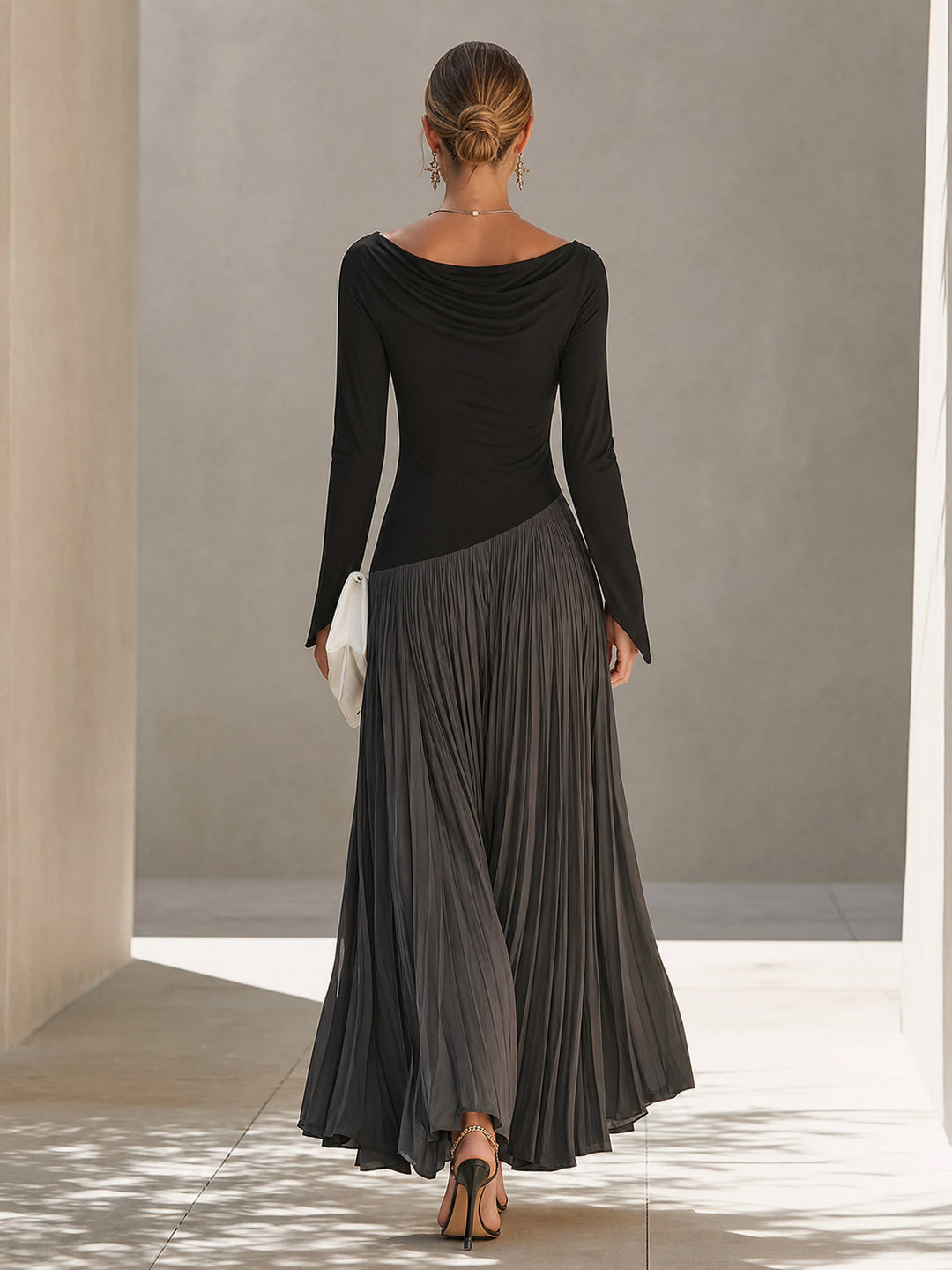 Marina | Maxi Pleated Dress with Draped Black and Gray Neckline