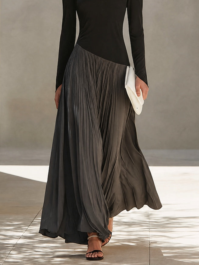Marina | Maxi Pleated Dress with Draped Black and Gray Neckline