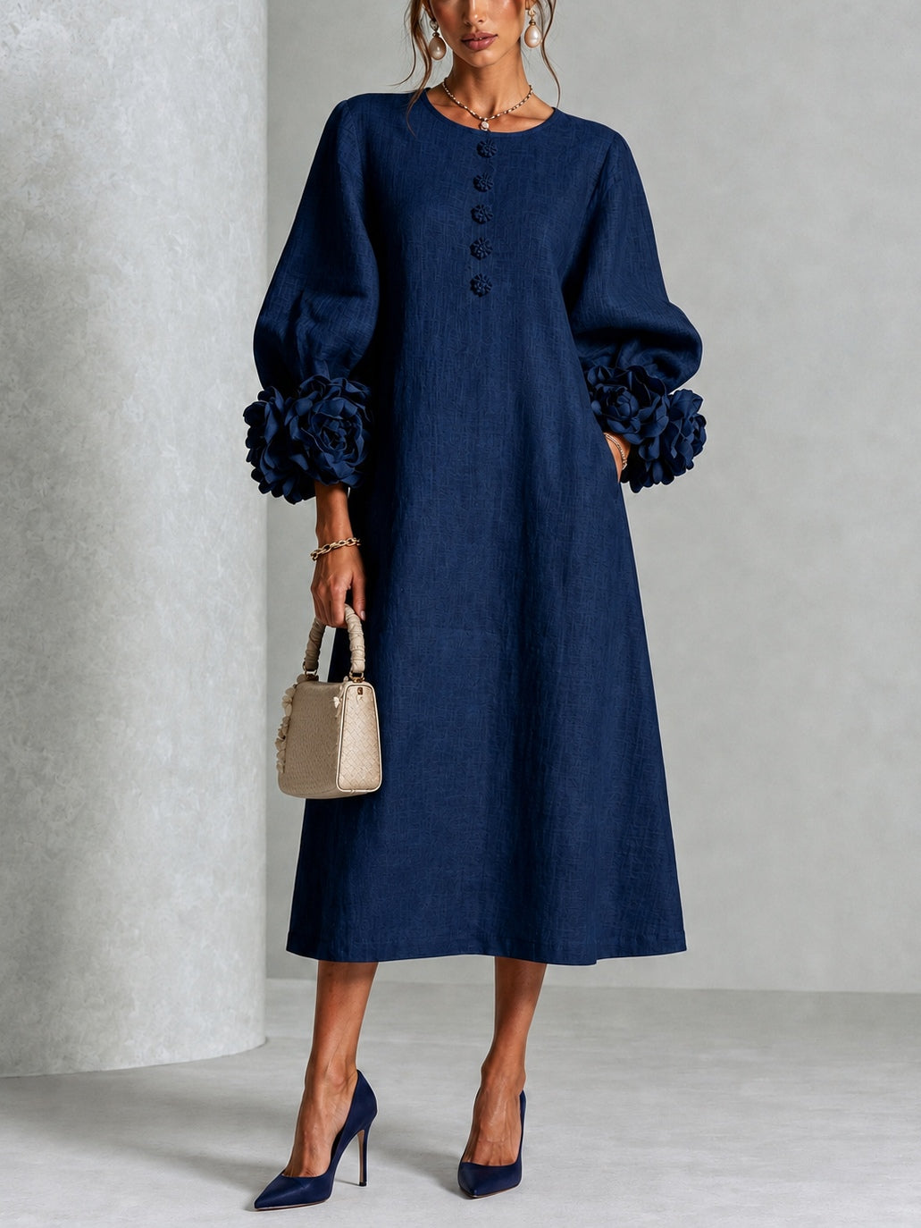 Theodosia | Rosette-Cuff Button Midi Dress