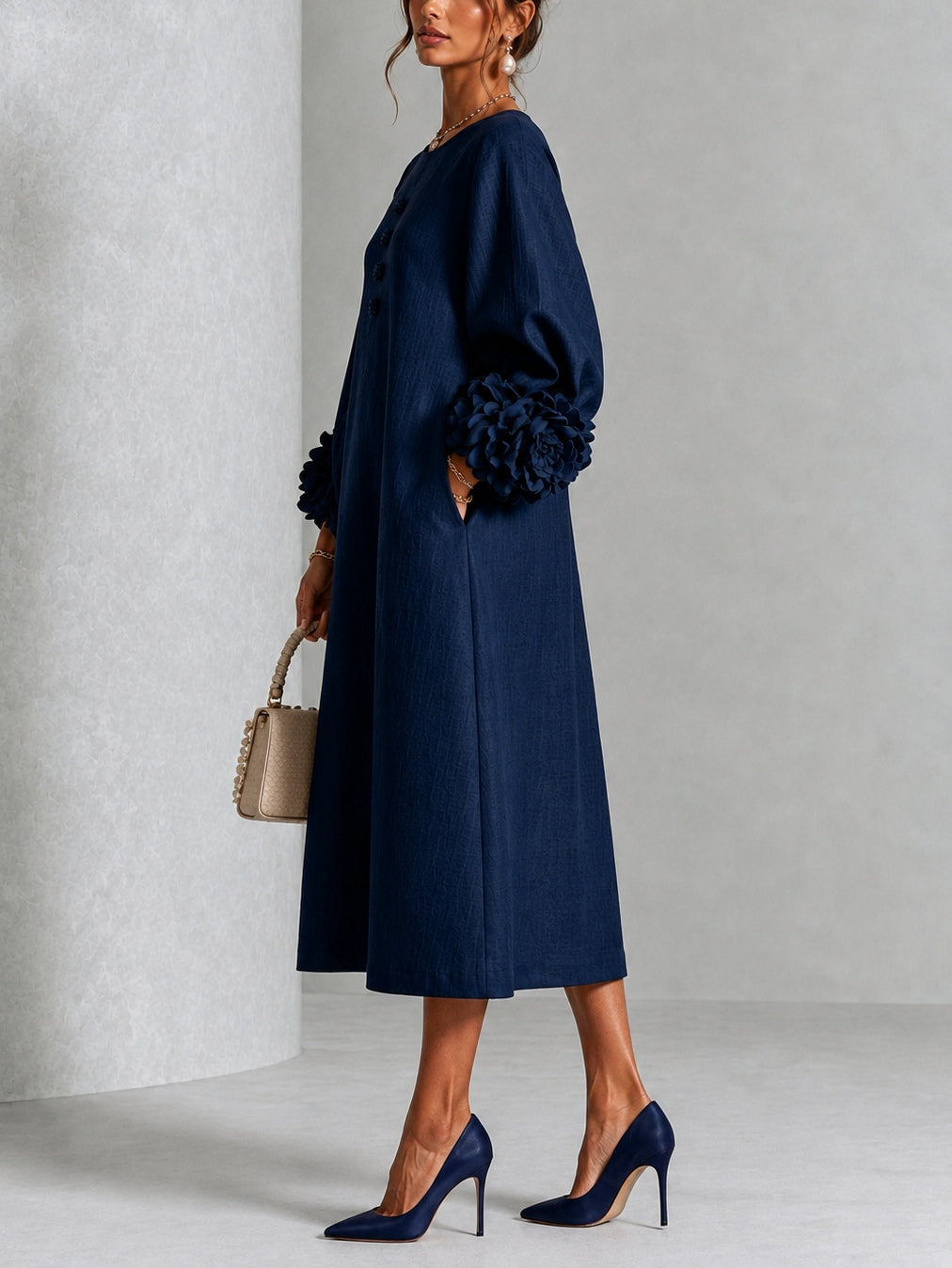 Theodosia | Rosette-Cuff Button Midi Dress