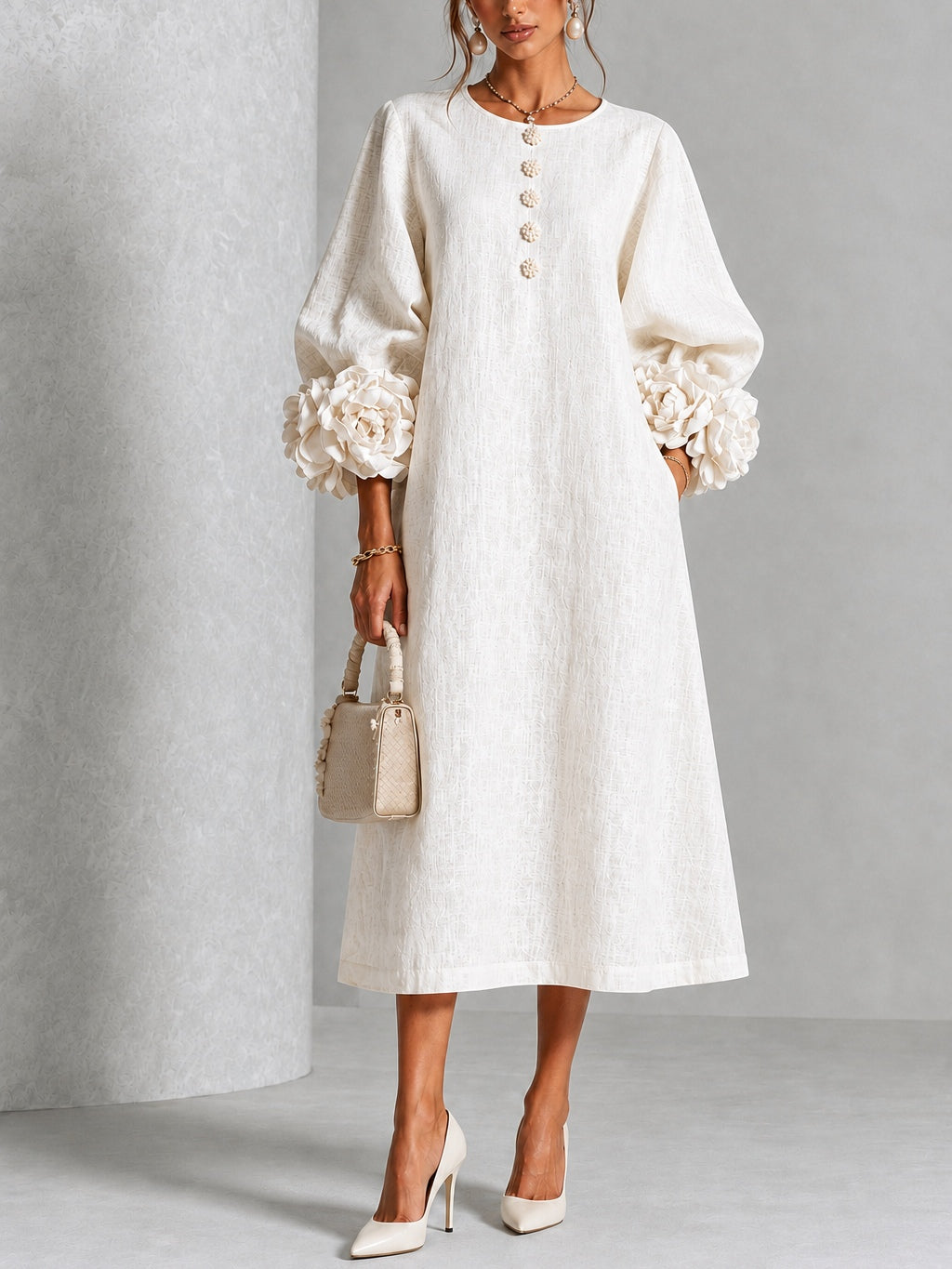 Theodosia | Rosette-Cuff Button Midi Dress