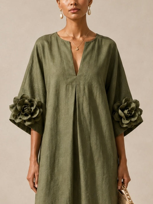 Graziella | Olive Green Midi Dress with V-Neck and Extravagant Floral Sleeves