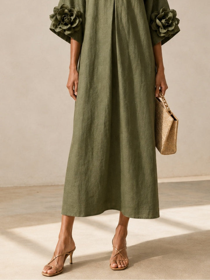 Graziella | Olive Green Midi Dress with V-Neck and Extravagant Floral Sleeves