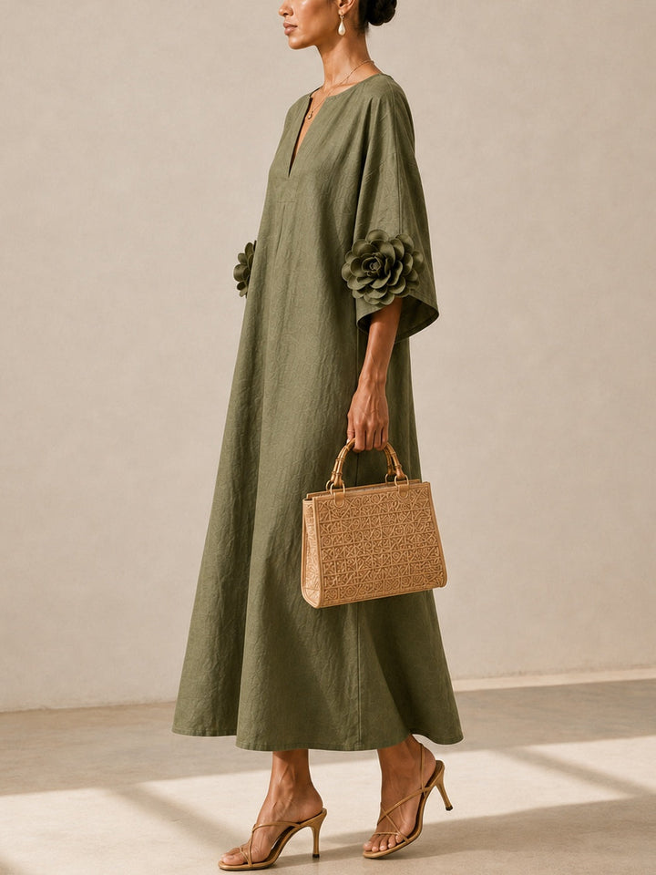 Graziella | Olive Green Midi Dress with V-Neck and Extravagant Floral Sleeves