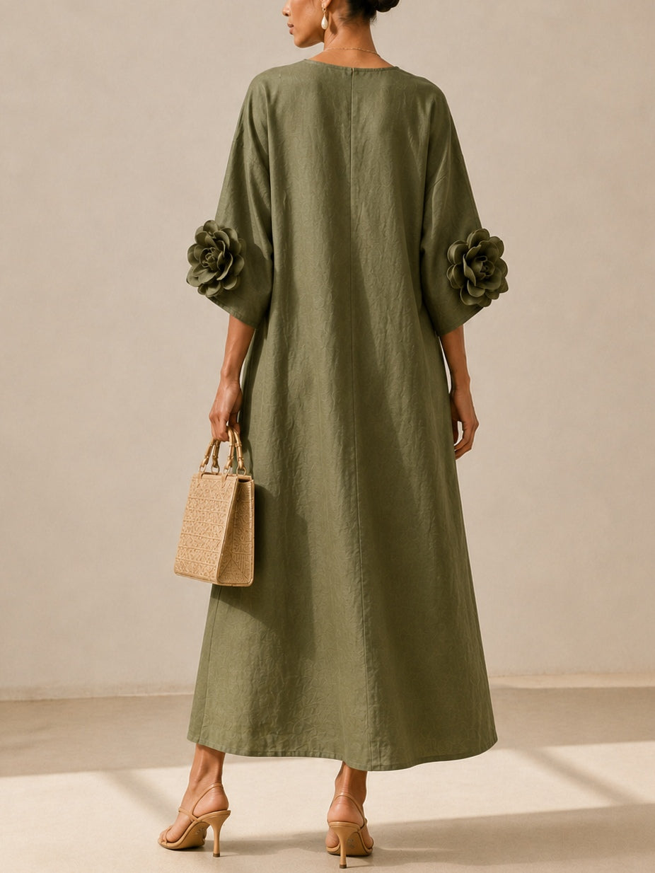 Graziella | Olive Green Midi Dress with V-Neck and Extravagant Floral Sleeves