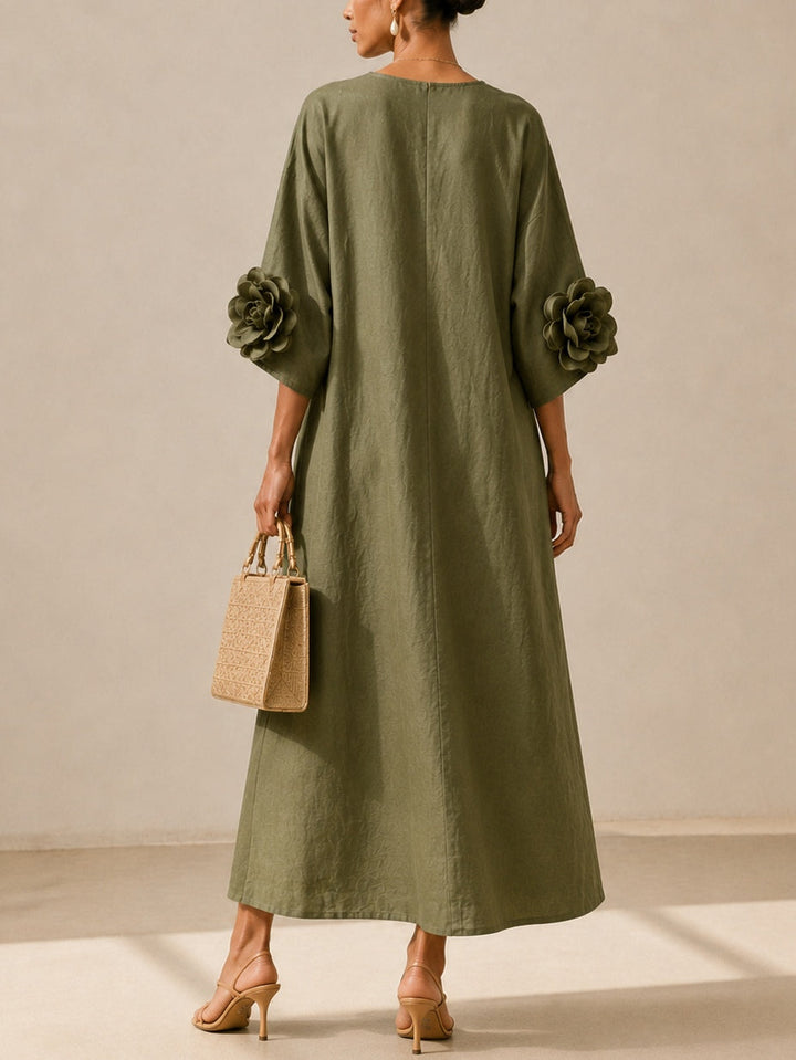 Graziella | Olive Green Midi Dress with V-Neck and Extravagant Floral Sleeves