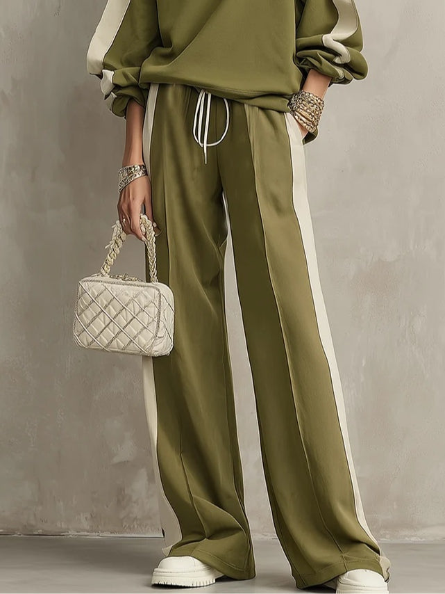 Sonia | Olive Green Sweatshirt with Crew Neck and Wide Pants with Drawstring Casual Set
