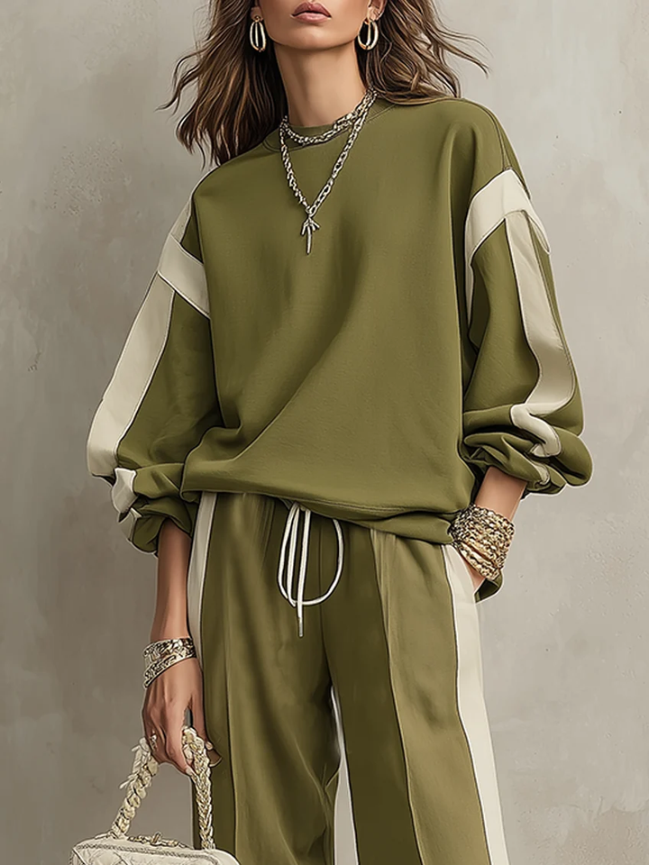 Sonia | Olive Green Sweatshirt with Crew Neck and Wide Pants with Drawstring Casual Set