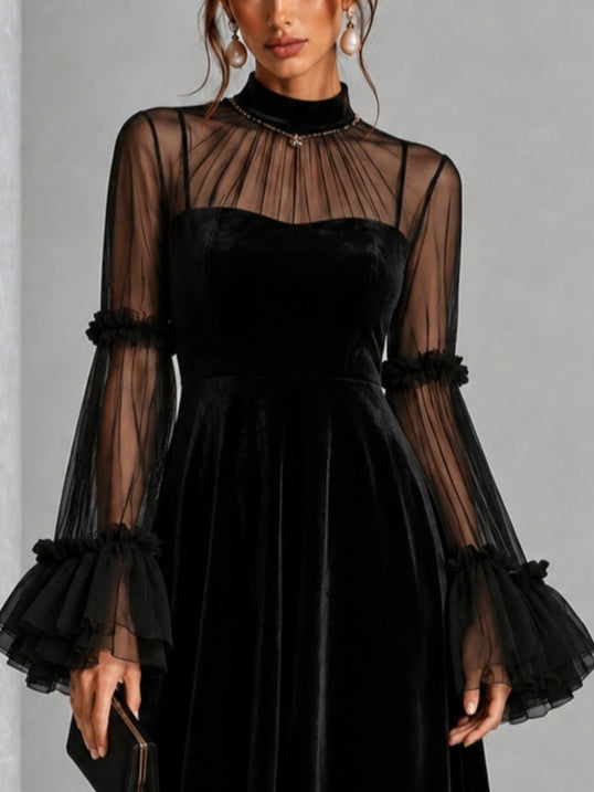 Stefania | Black Velvet and Transparent Mesh Pleated Midi Dress