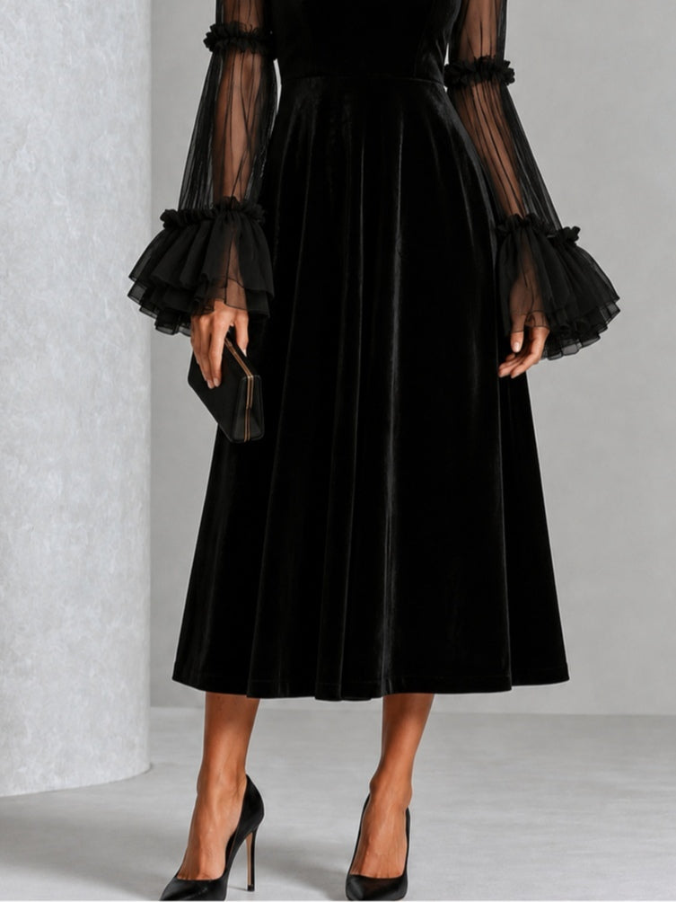 Stefania | Black Velvet and Transparent Mesh Pleated Midi Dress
