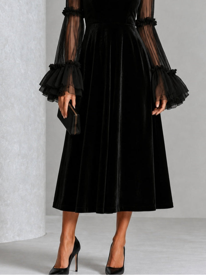 Stefania | Black Velvet and Transparent Mesh Pleated Midi Dress