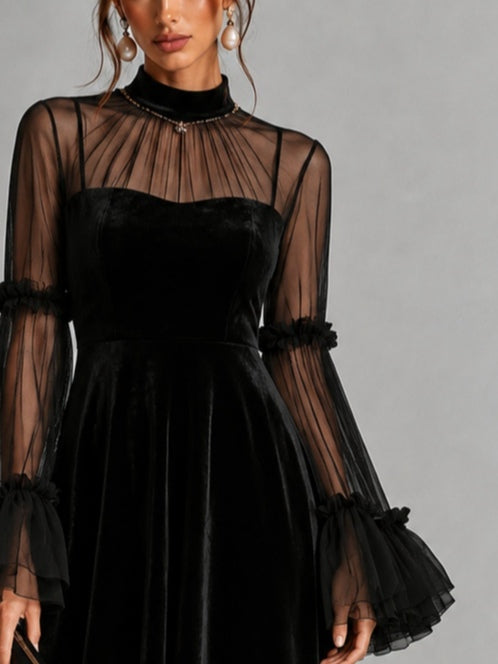 Stefania | Black Velvet and Transparent Mesh Pleated Midi Dress