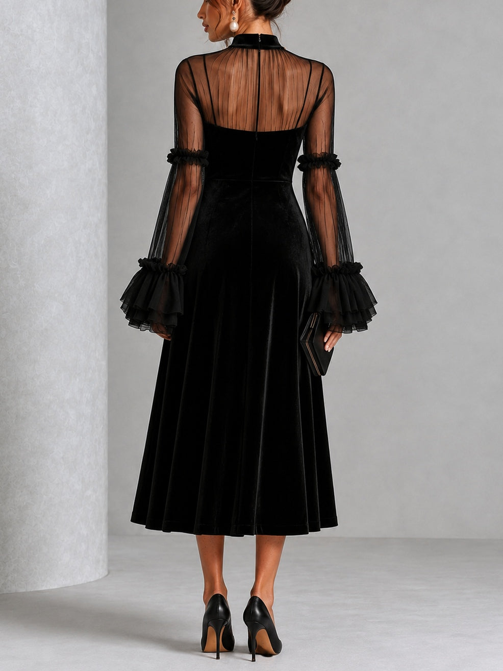 Stefania | Black Velvet and Transparent Mesh Pleated Midi Dress