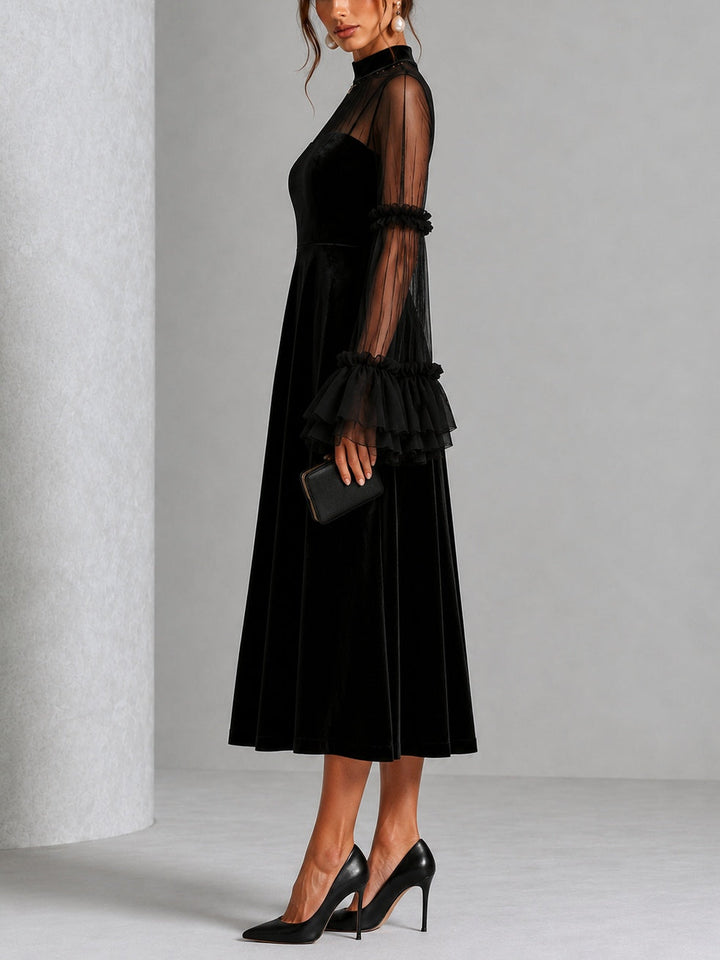 Stefania | Black Velvet and Transparent Mesh Pleated Midi Dress