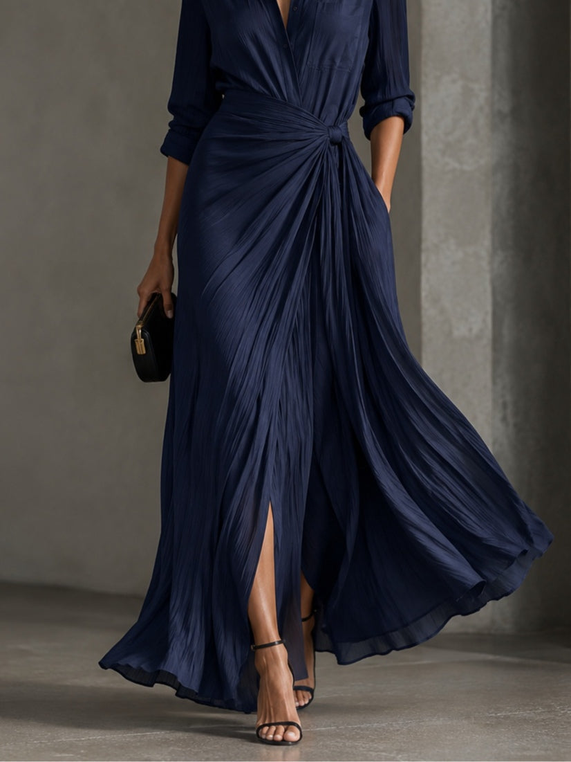 Gabriella | Elegant Navy Blue Maxi Shirt Dress with Knot