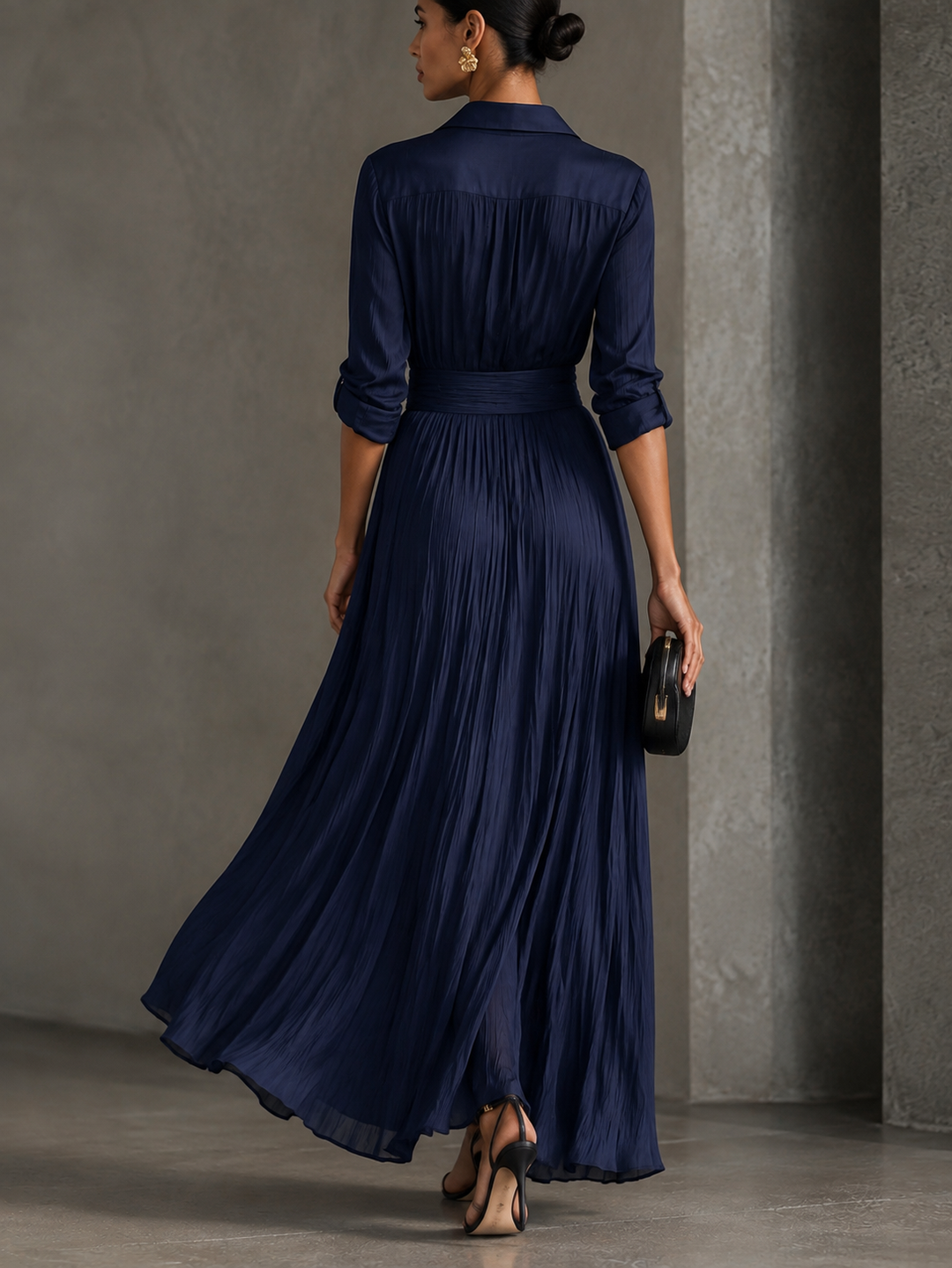 Gabriella | Elegant Navy Blue Maxi Shirt Dress with Knot