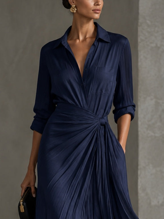 Gabriella | Elegant Navy Blue Maxi Shirt Dress with Knot