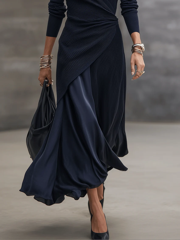 Loredana | Asymmetrical Maxi Dress with V-Neck and Navy Blue Satin Panels