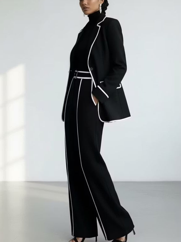 Claudia | Complete Two-Piece Blazer with Black Contrast Piping and Wide-Leg Pants