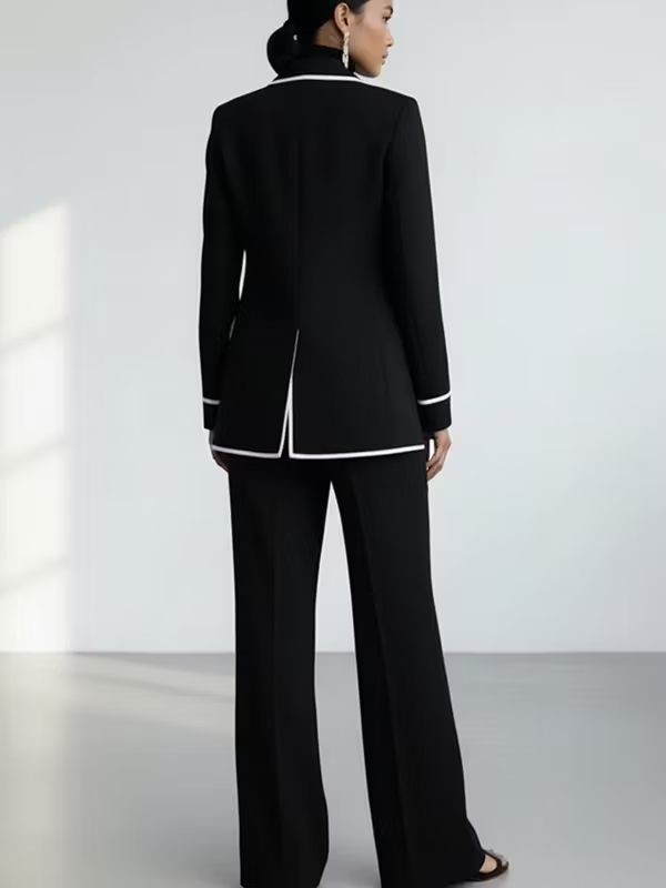 Claudia | Complete Two-Piece Blazer with Black Contrast Piping and Wide-Leg Pants