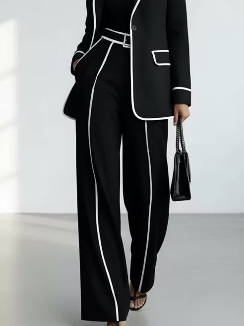 Claudia | Complete Two-Piece Blazer with Black Contrast Piping and Wide-Leg Pants