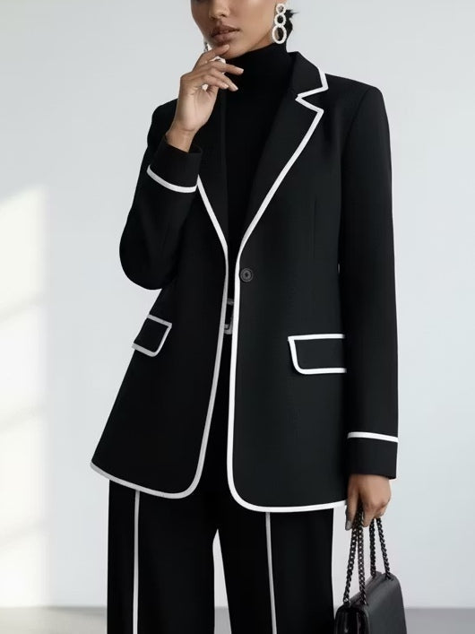 Claudia | Complete Two-Piece Blazer with Black Contrast Piping and Wide-Leg Pants