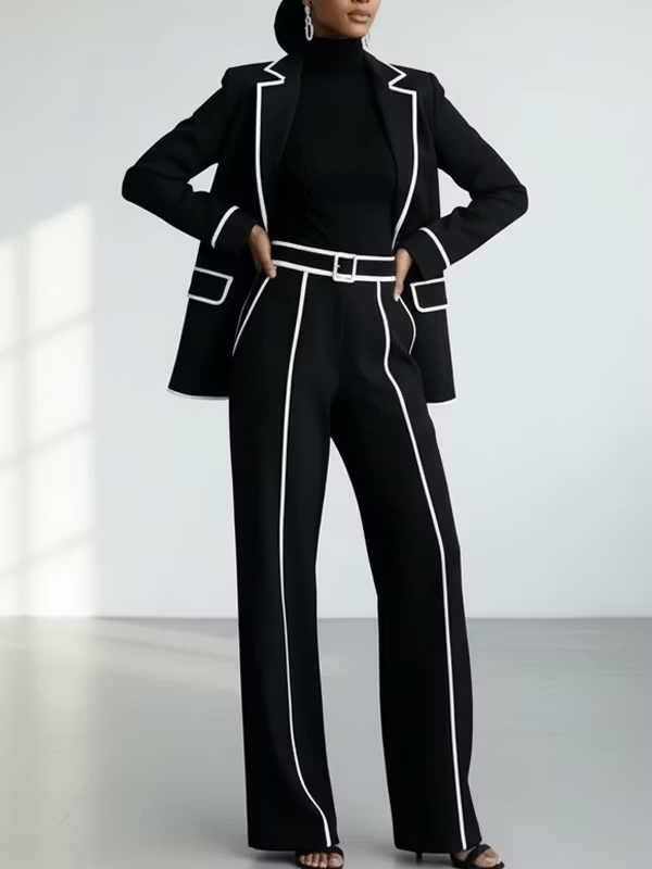 Claudia | Complete Two-Piece Blazer with Black Contrast Piping and Wide-Leg Pants