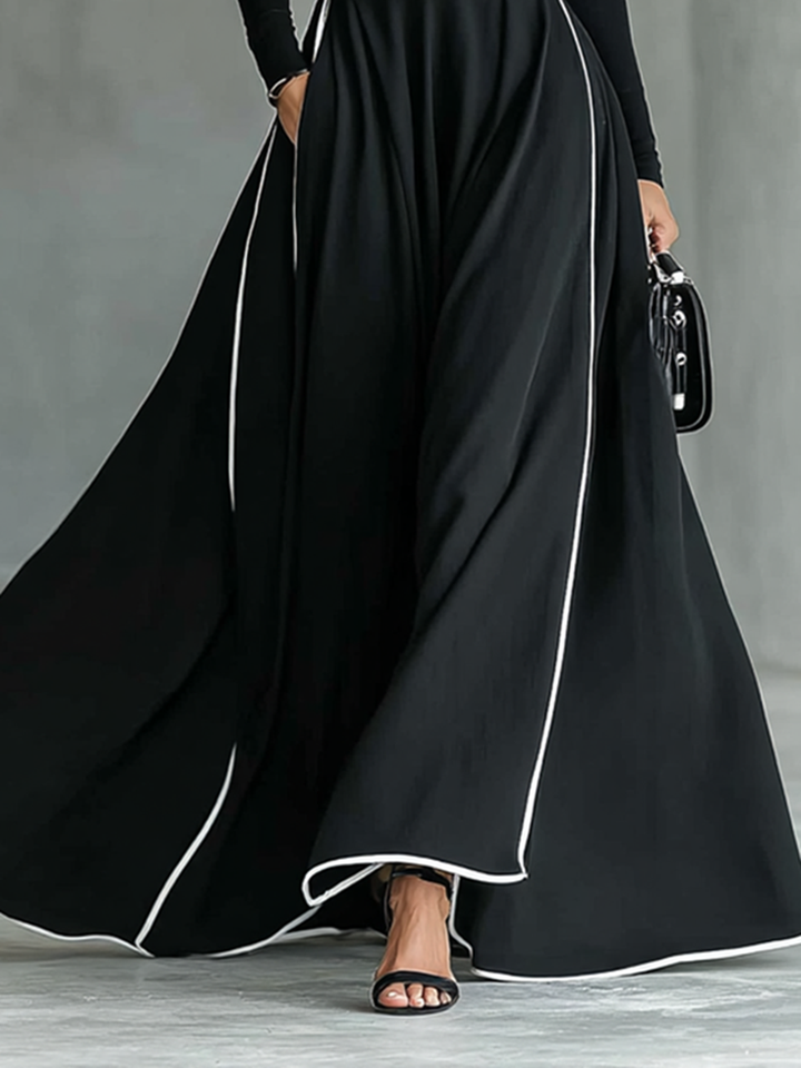 Nicoletta | Black Maxi Dress for Women with White Stitching and High Neck, Long Sleeves, Slim Waist