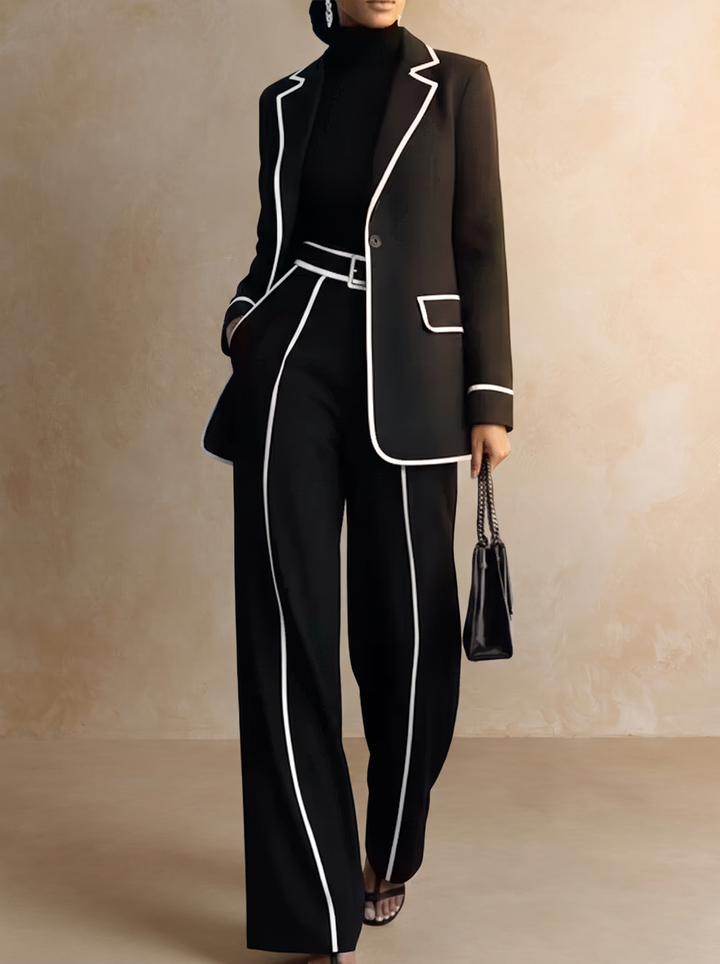 Claudia | Complete Two-Piece Blazer with Black Contrast Piping and Wide-Leg Pants