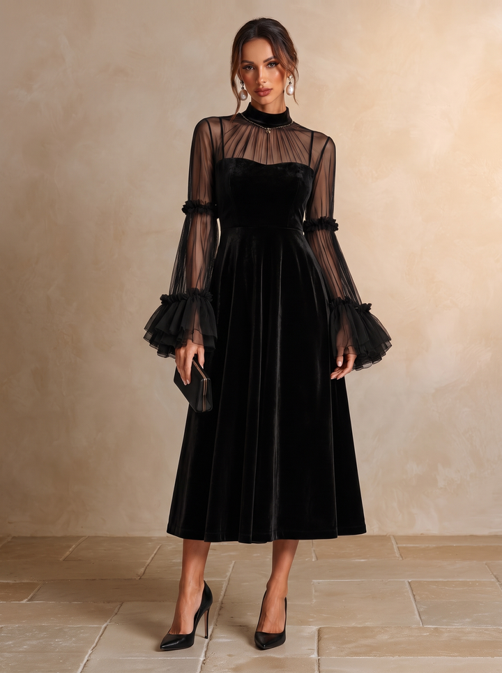Stefania | Black Velvet and Transparent Mesh Pleated Midi Dress