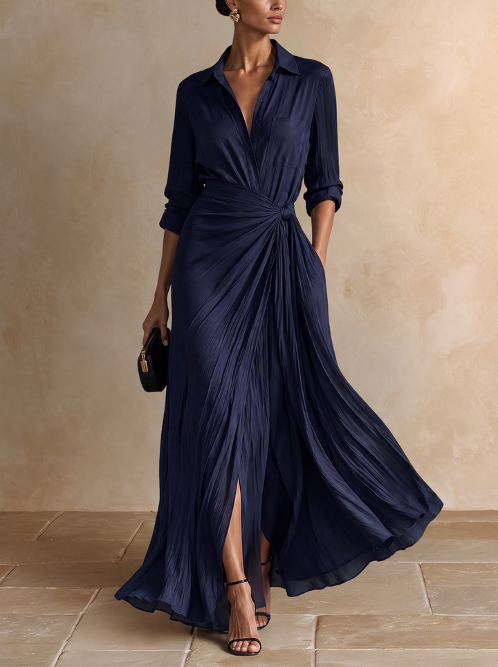 Gabriella | Elegant Navy Blue Maxi Shirt Dress with Knot