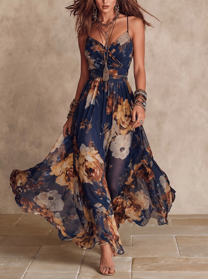 Adriana | Navy Blue Chiffon Maxi Dress with Floral Print and Thin Straps