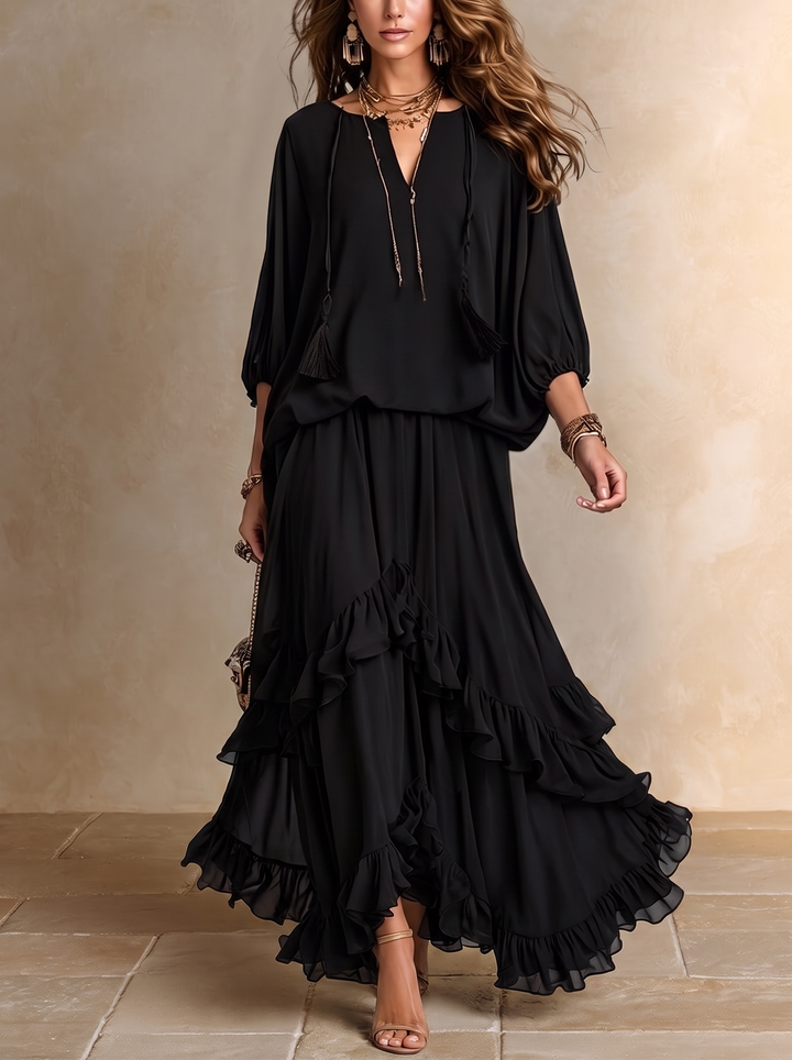 Elvira | Black Chiffon V-Neck Top with Fringes Paired with a Layered Ruffled Skirt Set