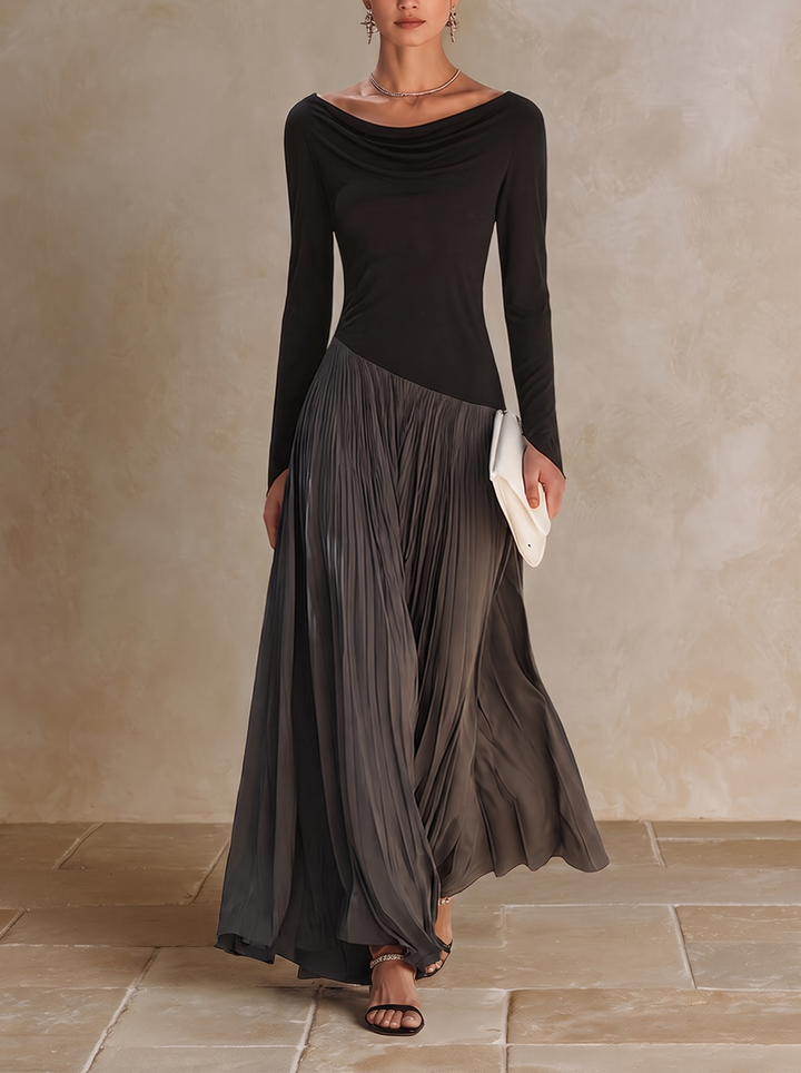Marina | Maxi Pleated Dress with Draped Black and Gray Neckline